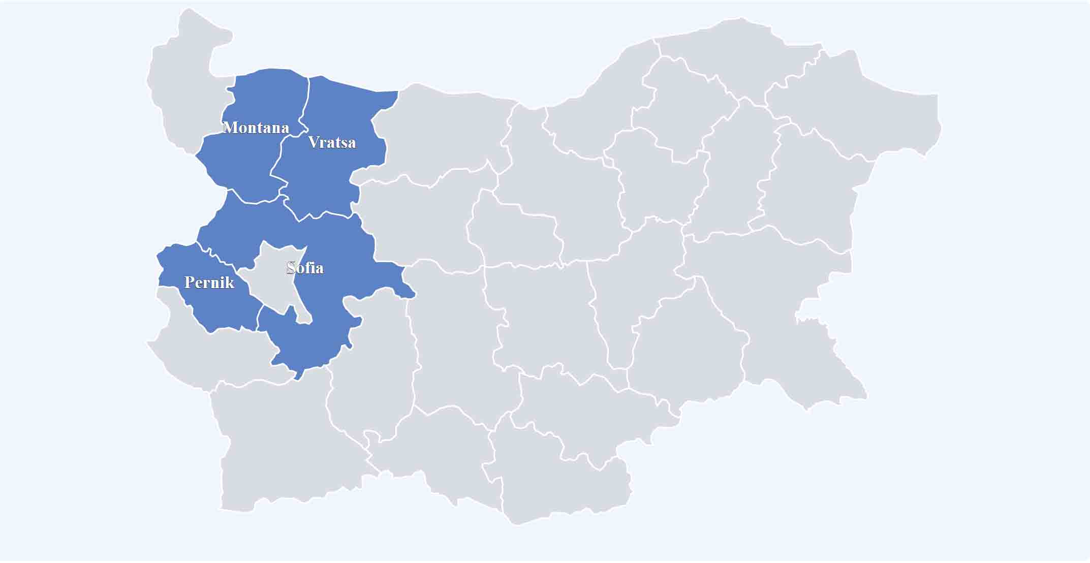 Карта на България с областите на проекта